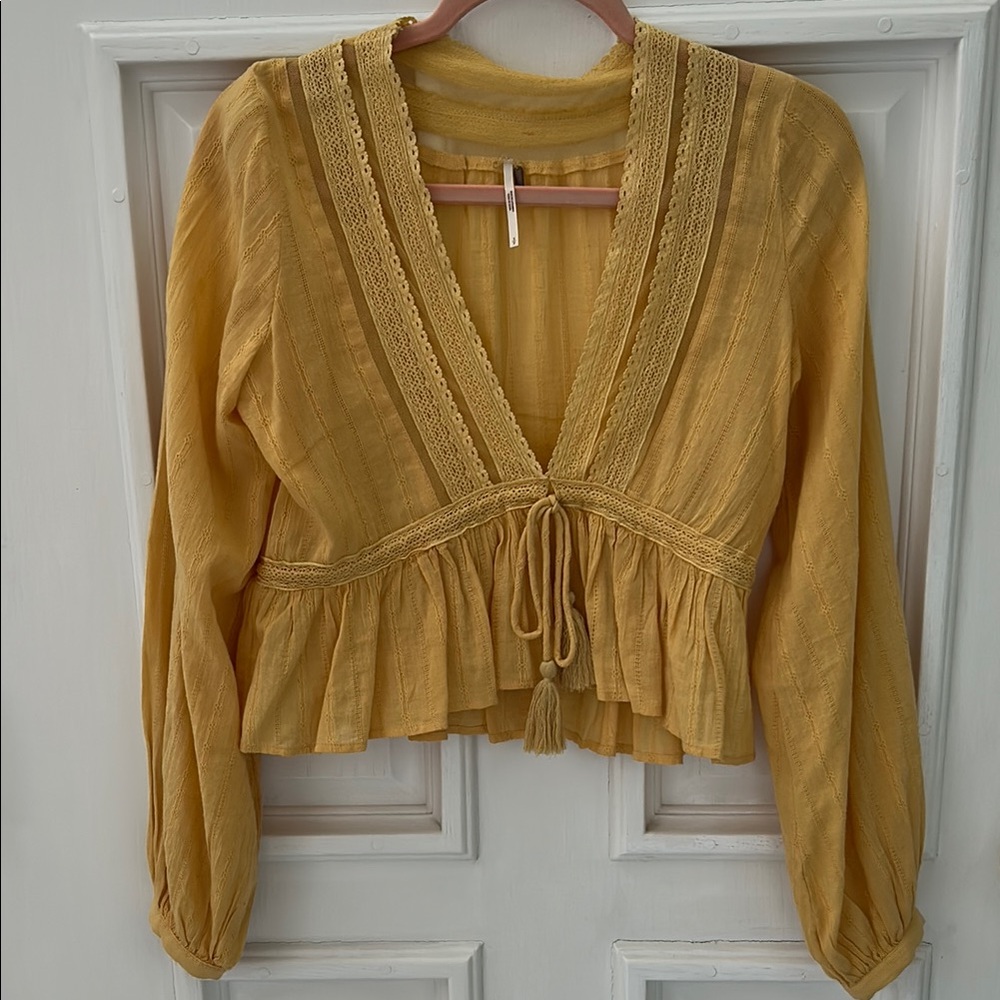 Free People Boho Yellow Puff Sleeve Tie Front Blouse